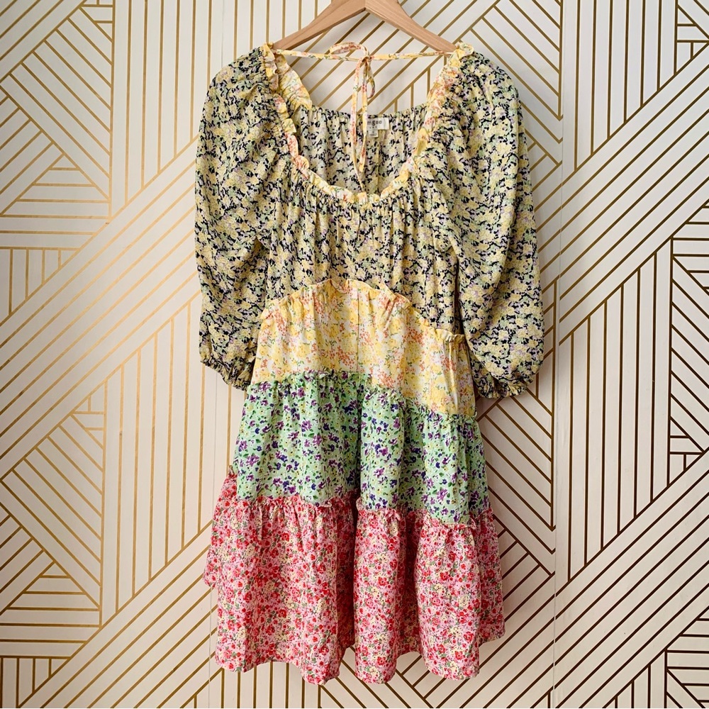 Umgee Floral puff sleeve tiered Layered Ruffle Hem scoop neck multicolor Dress S - Picture 8 of 8
